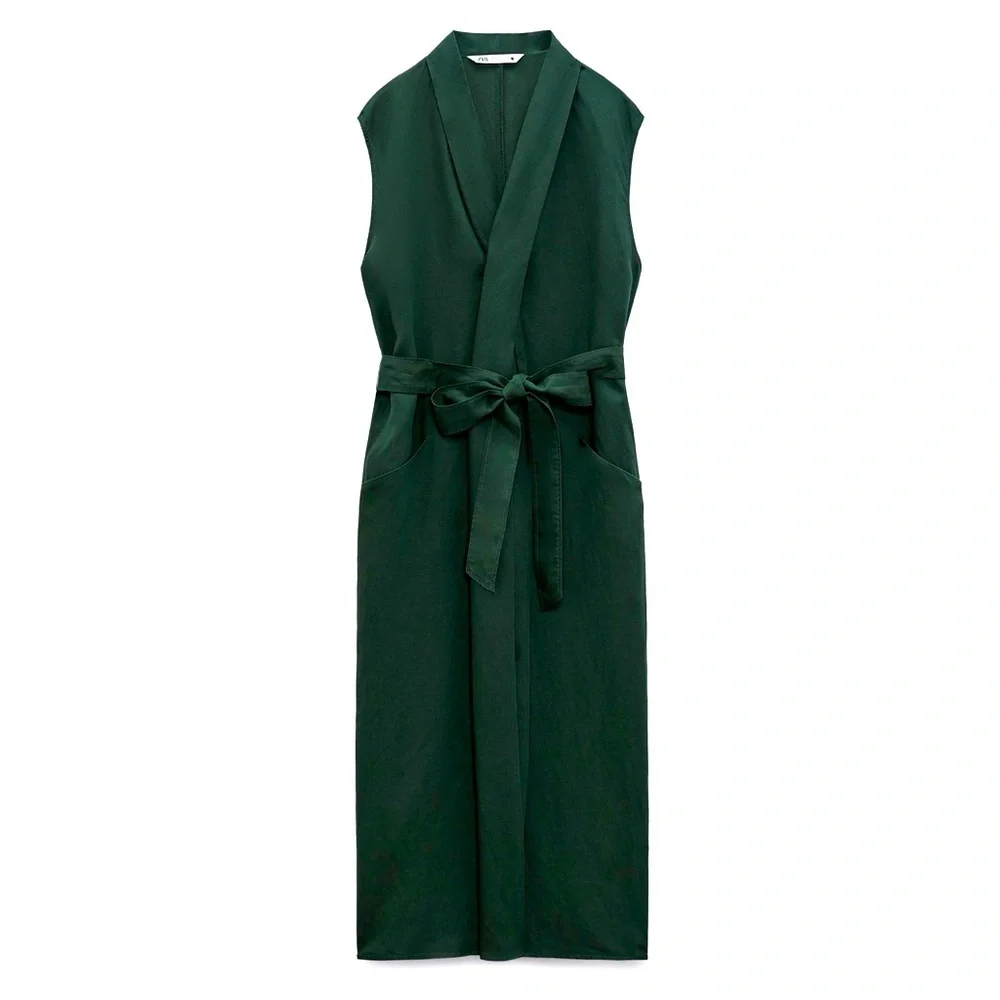 Zara Belted Midi Dress Bottle Green Size Large - Picture 6 of 13
